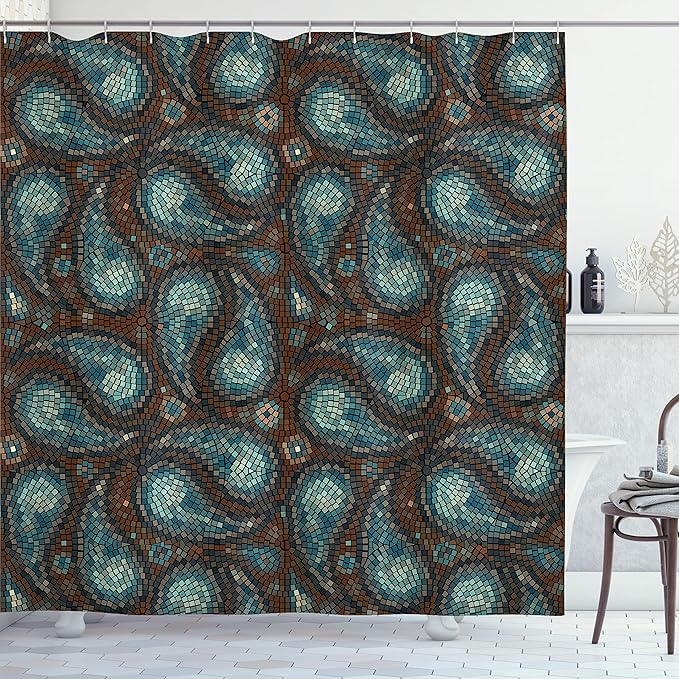Ambesonne Paisley Shower Curtain, Modern Mosaic Like Circled Design with Teardrop Shaped Art Print, Cloth Fabric Bathroom Decor Set with Hooks, 69" W x 70" L, Brown Blue and Dark Blue