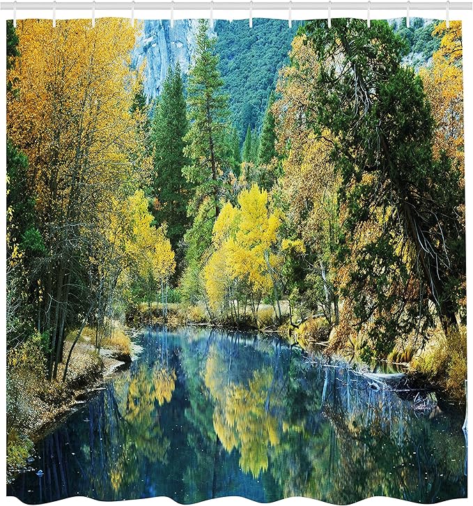 Ambesonne Nature Shower Curtain, Autumn Landscape Scenery Forest by River Seasonal Rural Countryside Picture, Cloth Fabric Bathroom Decor Set with Hooks, 69" W x 84" L, Green Blue Yellow