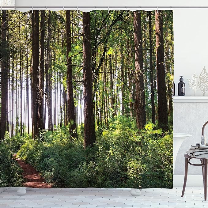 Ambesonne Forest Shower Curtain, Pathway in a Shady Forest of Bushes and Thick Trunks Grass Unique Wild Life Scenery, Cloth Fabric Bathroom Decor Set with Hooks, 69" W x 84" L, Green Brown