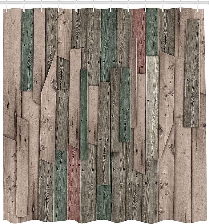 Ambesonne Rustic Shower Curtain, Grunge Wood Planks Barn House Door Nails Country Farm House Life Theme Layout, Cloth Fabric Bathroom Decor Set with Hooks, 69" W x 75" L, Jade Green