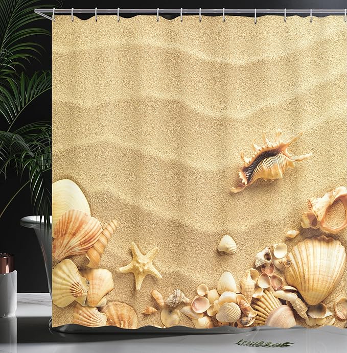 Ambesonne Seashells Shower Curtain, Seashells on Sandy Beach Starfish Summer Travel Destination Sand Shells Nature, Cloth Fabric Bathroom Decor Set with Hooks, 69" W x 75" L, Brown