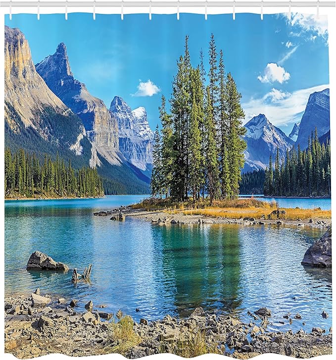 Ambesonne Mountain Shower Curtain, Outdoorsy Scenery of The Spirit Island and Maligne Lake Canada in Summer Nature Scene Print, Cloth Fabric Bathroom Decor Set with Hooks, 69" W x 84" L, Blue Green
