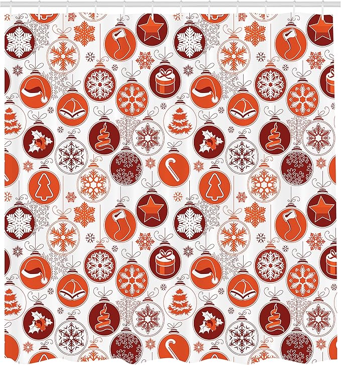 Ambesonne Christmas Shower Curtain, Classical Themed Old Fashioned Celebration Carols Winter Design Patterns, Cloth Fabric Bathroom Decor Set with Hooks, 69" W x 84" L, White Vermilion