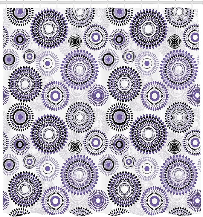 Ambesonne Floral Shower Curtain, Abstract Medallion Pattern Round Shape with Leaves Balls Floral Flowers, Cloth Fabric Bathroom Decor Set with Hooks, 69" W x 75" L, Purple White
