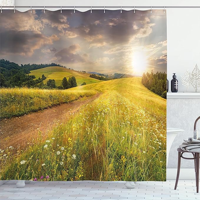 Ambesonne Nature Shower Curtain, Sunset on The Meadow Rural Country Flower Field and Trees Idyllic Scene, Cloth Fabric Bathroom Decor Set with Hooks, 69" W x 70" L, Lime Green Pale Brown