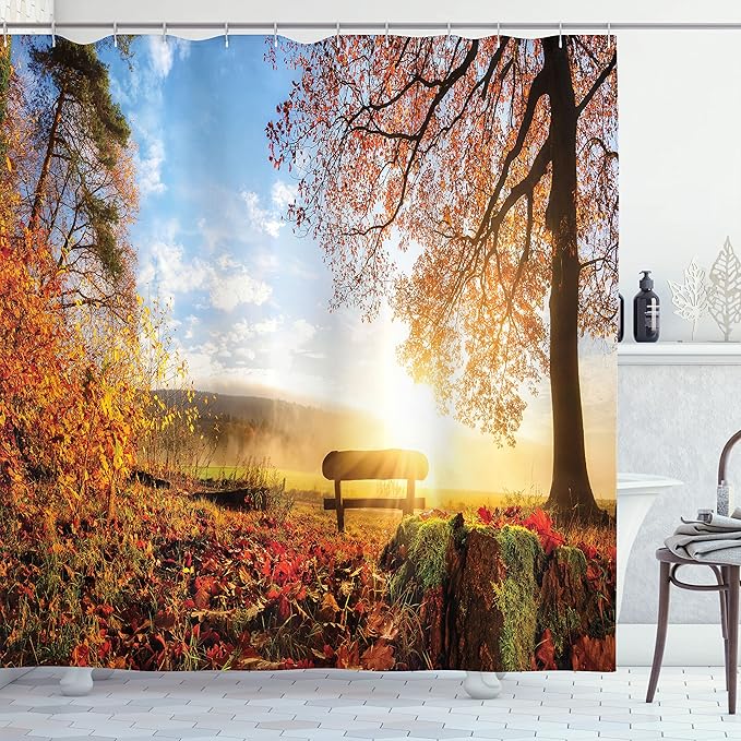Ambesonne Forest Shower Curtain, Autumn Landscape The Sun Warmly on a Bench Under Tree Scene Holiday, Cloth Fabric Bathroom Decor Set with Hooks, 69" W x 84" L, Orange Blue and Red