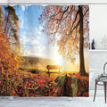 Ambesonne Forest Shower Curtain, Autumn Landscape The Sun Warmly on a Bench Under Tree Scene Holiday, Cloth Fabric Bathroom Decor Set with Hooks, 69" W x 84" L, Orange Blue and Red