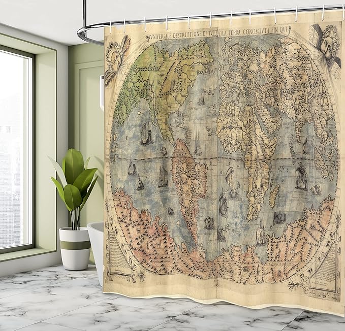 Ambesonne Antique Shower Curtain,Vintage Look of The Atlas Map of World Global History on Stained Paper with Oceans and Lands, Cloth Fabric Bathroom Decor Set with Hooks, 69" W x 84" L, Cream Green