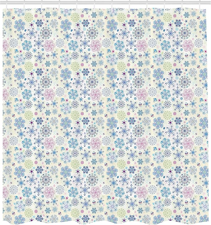 Ambesonne Snowflake Shower Curtain, Christmas Themed Abstract Winter Season Motifs and Leaves Colorful Composition, Cloth Fabric Bathroom Decor Set with Hooks, 69" W x 75" L, Cream Blue