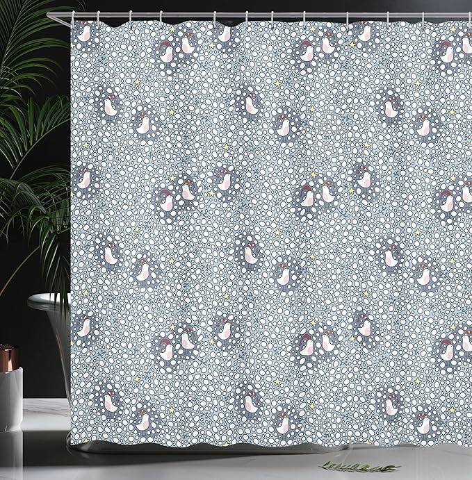 Ambesonne Winter Shower Curtain, Doodle Style Pattern with Bullfinch Birds with Xmas Hats and Snow, Cloth Fabric Bathroom Decor Set with Hooks, 69" W x 75" L, Bluegrey White