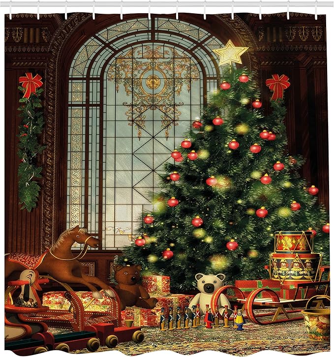 Ambesonne Christmas Shower Curtain, Vintage Ambiance Big Old Fashioned Window Xmas Tree Various Presents, Cloth Fabric Bathroom Decor Set with Hooks, 69" W x 84" L, Brown Red Green