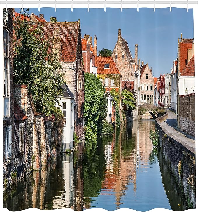 Ambesonne European Shower Curtain, Vivid Scenery Water Canal in Bruges Old Town Tale Heritage Image Print, Cloth Fabric Bathroom Decor Set with Hooks, 69" W x 70" L, Coral Green