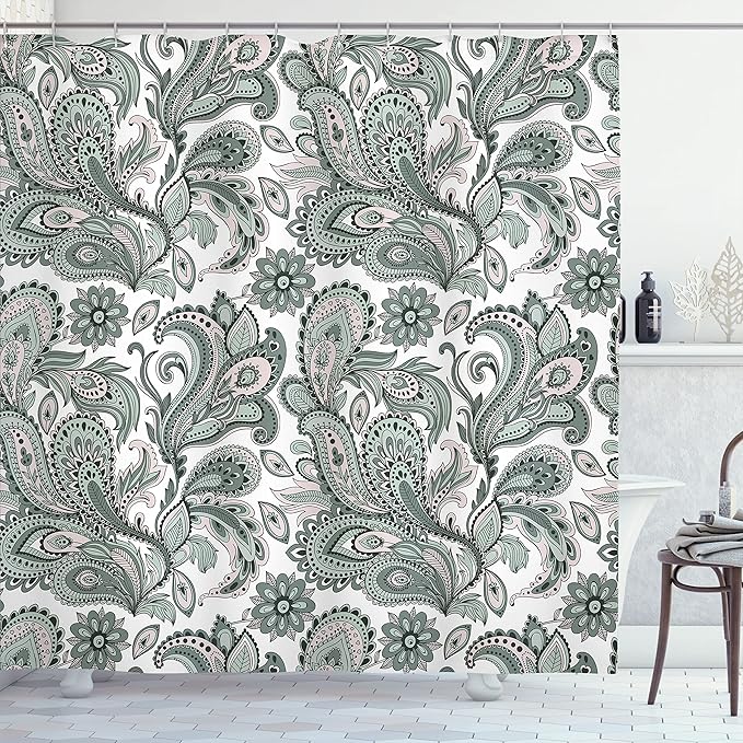 Ambesonne Paisley Shower Curtain, Ethnic Swirly Flowers Leaves Floral Pattern Bohemian Style Country Print, Cloth Fabric Bathroom Decor Set with Hooks, 69" W x 70" L, Laurel Green Blush