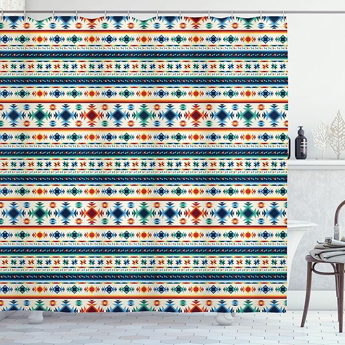 Ambesonne Abstract Shower Curtain, Tribal Abstract Seamless Aztec Geometrical Prehistoric Pattern, Cloth Fabric Bathroom Decor Set with Hooks, 69" W x 84" L, Blue White and Orange
