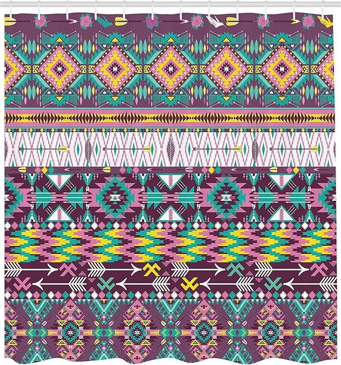 Ambesonne Tribal Shower Curtain, Traditional Pattern Geometrics and Arrows Art, Cloth Fabric Bathroom Decor Set with Hooks, 69" W x 84" L, Teal Purple Yellow