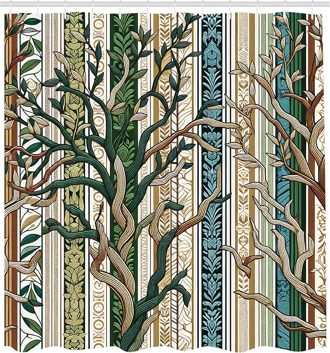 Ambesonne Striped Shower Curtain, Bold Intricate Pinstriped Trees on Vertical Damask Tribal Stripes, Cloth Fabric Bathroom Decor Set with Hooks, 69" W x 70" L, Pale Brown Green Sea Blue