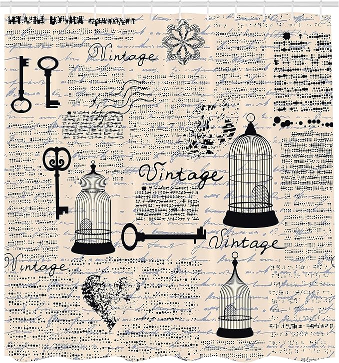 Ambesonne Old Newspaper Shower Curtain, Bird Cages Grunge Retro Pattern Keys Heart Shapes and Flower, Cloth Fabric Bathroom Decor Set with Hooks, 69" W x 75" L, Pale Blue Black Cream