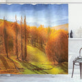 Ambesonne Autumn Shower Curtain, Sunrise in Autumn in New Zealand Leaves Forest Foliage Hillside View, Cloth Fabric Bathroom Decor Set with Hooks, 69" W X 70" L, Orange Apple Green Blue
