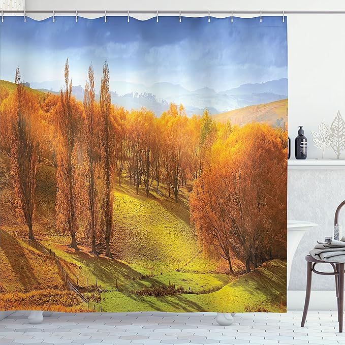 Ambesonne Autumn Shower Curtain, Sunrise in Autumn in New Zealand Leaves Forest Foliage Hillside View, Cloth Fabric Bathroom Decor Set with Hooks, 69" W X 70" L, Orange Apple Green Blue
