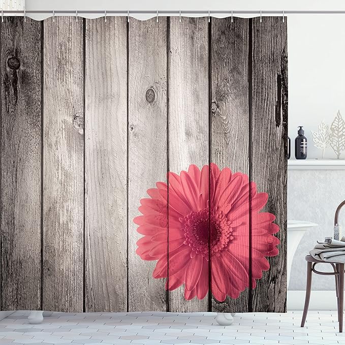 Ambesonne Rustic Shower Curtain, Flower Red Dahlia on Foreground of Murky Featured Dated Wooden Board Retro Art Print, Cloth Fabric Bathroom Decor Set with Hooks, 69" W x 70" L, Dark Coral