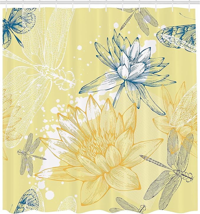 Ambesonne Dragonfly Shower Curtain, Boho Style Plants and Dragonflies Sketchy Illustration, Cloth Fabric Bathroom Decor Set with Hooks, 69" W x 84" L, Petrol Blue