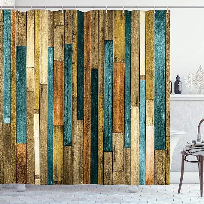 Ambesonne Wooden Print Shower Curtain, Brown Old Hardwood Floor Plank Grunge Lodge Garage Natural Rural Graphic, Cloth Fabric Bathroom Decor Set with Hooks, 69" W x 84" L, Cadet Blue
