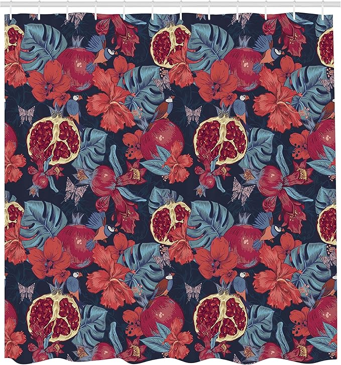 Ambesonne Hawaiian Shower Curtain, Fruit Flowers Butterfly and Birds Pomegranate Vintage Organic Jungle, Cloth Fabric Bathroom Decor Set with Hooks, 69" W x 70" L, Ruby Maroon Dark Blue