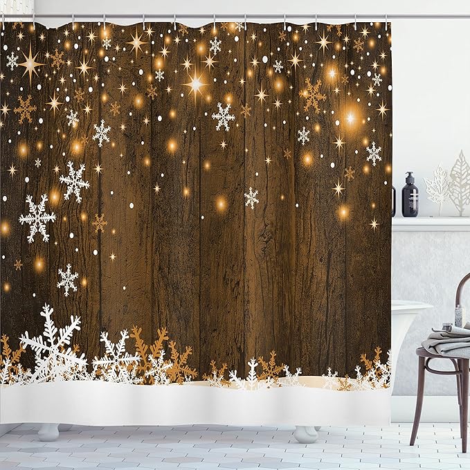 Ambesonne Christmas Shower Curtain, Rustic Wooden Backdrop with Snowflakes and Warm Traditional Celebration Print, Cloth Fabric Bathroom Decor Set with Hooks, 69" W x 84" L, Brown White