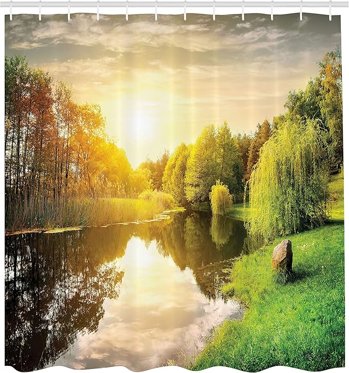 Ambesonne Landscape Shower Curtain, Sunset Over Calm River Grass Willow Trees Grass Rocks Reflection Clouds, Cloth Fabric Bathroom Decor Set with Hooks, 69" W x 75" L, Sand Green