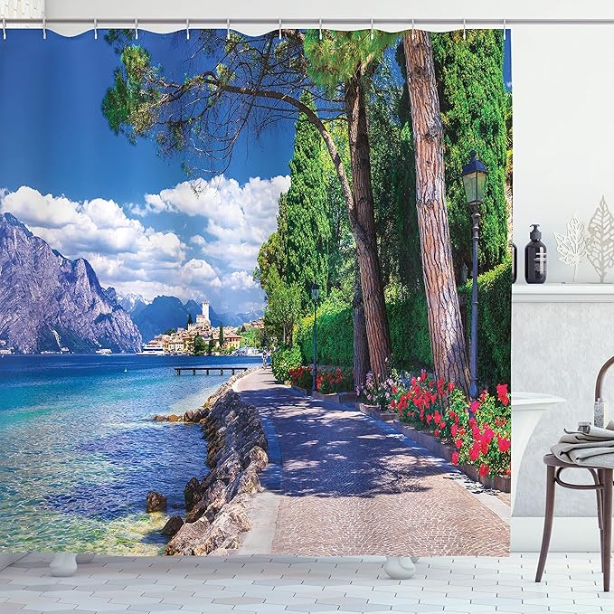 Ambesonne Landscape Shower Curtain, Scenic Lago di Garda Malcesine Italy Stone Bicycle Road with Flowers Lake, Cloth Fabric Bathroom Decor Set with Hooks, 69" W x 84" L, Green and Blue