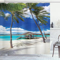 Ambesonne Beach Shower Curtain, Empty Hammock Between Palm Trees Beach with Vibrant Summer Sky Picture, Cloth Fabric Bathroom Decor Set with Hooks, 69" W x 70" L, Coconut Blue