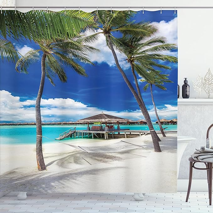 Ambesonne Beach Shower Curtain, Empty Hammock Between Palm Trees Beach with Vibrant Summer Sky Picture, Cloth Fabric Bathroom Decor Set with Hooks, 69" W x 70" L, Coconut Blue