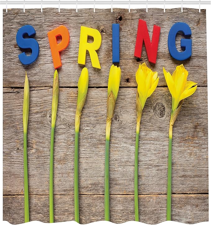 Ambesonne Daffodils Shower Curtain, Letters Spelling Word Spring with Daffodil Flowers on Wooden Backdrop Image, Cloth Fabric Bathroom Decor Set with Hooks, 69" W x 70" L, Yellow Red Blue