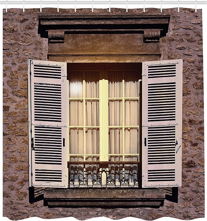 Ambesonne Country Shower Curtain, Vintage Style Stone House with The Shutters Medieval Culture Inspired Image Print, Cloth Fabric Bathroom Decor Set with Hooks, 69" W x 70" L, Pink Brown