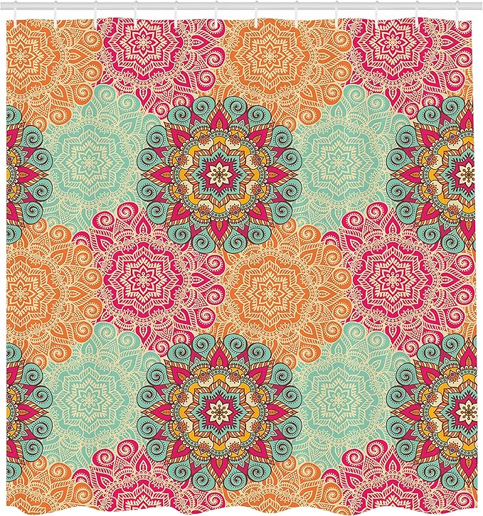 Ambesonne Mandala Shower Curtain, Antique Mandala Patterns Circles in Vintage Colors Native Tribal Ornamental, Cloth Fabric Bathroom Decor Set with Hooks, 75" Long, Fuchsia Orange