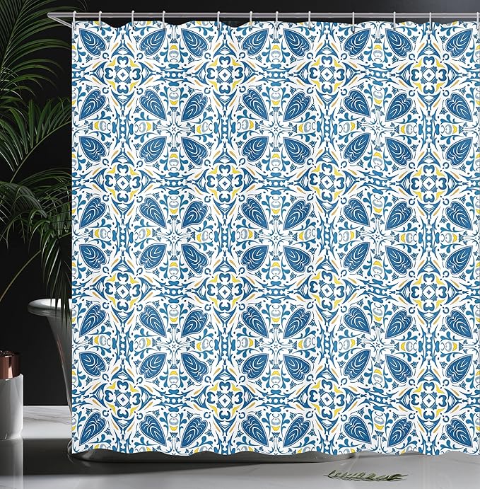 Ambesonne Yellow and Blue Shower Curtain, Portuguese Traditional Tiles Abstract Mosaic Floral Swirl Motifs, Cloth Fabric Bathroom Decor Set with Hooks, 69" W x 75" L, Orange Yellow