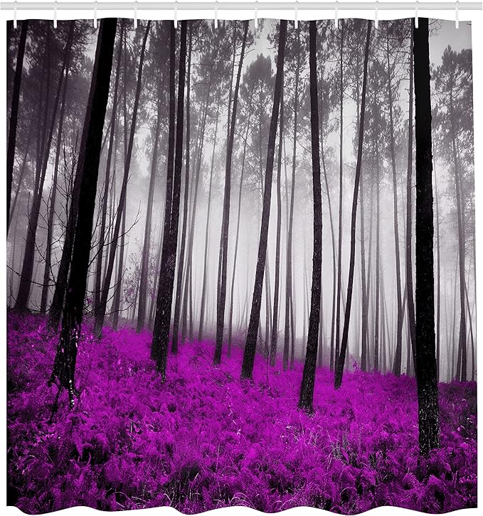 Ambesonne Forest Shower Curtain, Mystical Fantasy Woodland Under Heavy Fog Tall Trees Bushes Contrast Colors, Cloth Fabric Bathroom Decor Set with Hooks, 69" W x 75" L, Fuchsia Black