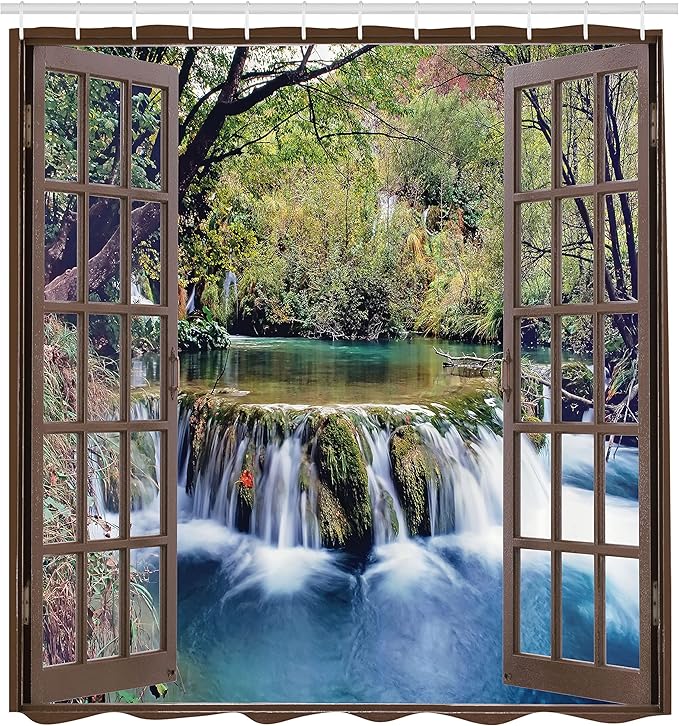 Ambesonne Waterfall Shower Curtain, Wide Waterfall Deep Down in The Forest Seen from a City Window Epic Surreal Print, Cloth Fabric Bathroom Decor Set with Hooks, 69" W x 75" L, Forest Green