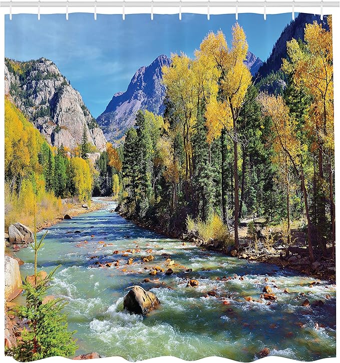 Ambesonne Landscape Shower Curtain, Mountains of Colorado with Forest and River Summer Foliage Idyllic Photo, Cloth Fabric Bathroom Decor Set with Hooks, 69" W x 84" L, Mustard Green Blue