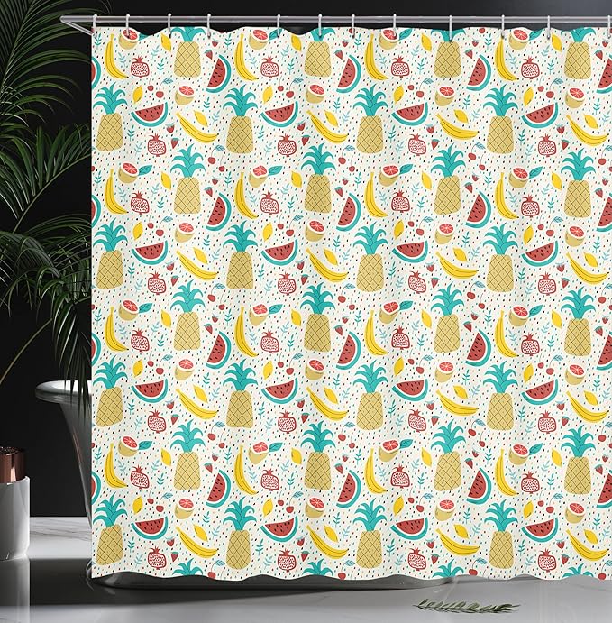 Ambesonne Food Shower Curtain, Fruits Banana Pomegranate Pineapple Watermelon Lemon Kitchen Cafe Abstract Graphic, Cloth Fabric Bathroom Decor Set with Hooks, 69" W x 75" L, Turqupise Mustard