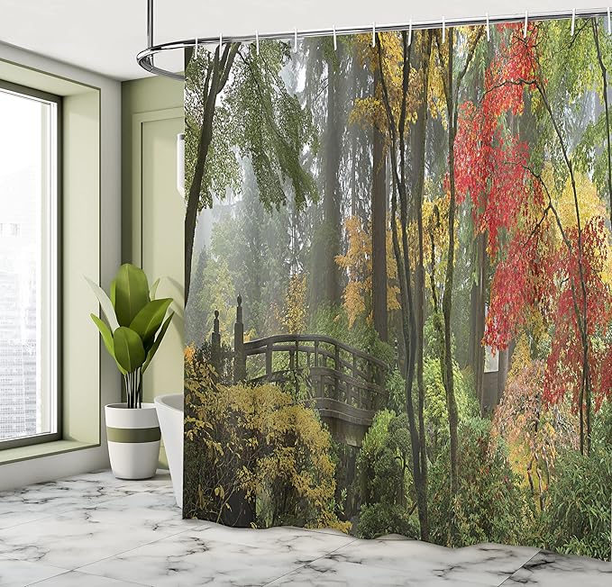Ambesonne Landscape Shower Curtain, Wet Wooden Bridge by Portland Japanese Asian Style Garden Oregon Autumn Season Americana, Cloth Fabric Bathroom Decor Set with Hooks, 69" W x 84" L, Coffee Green