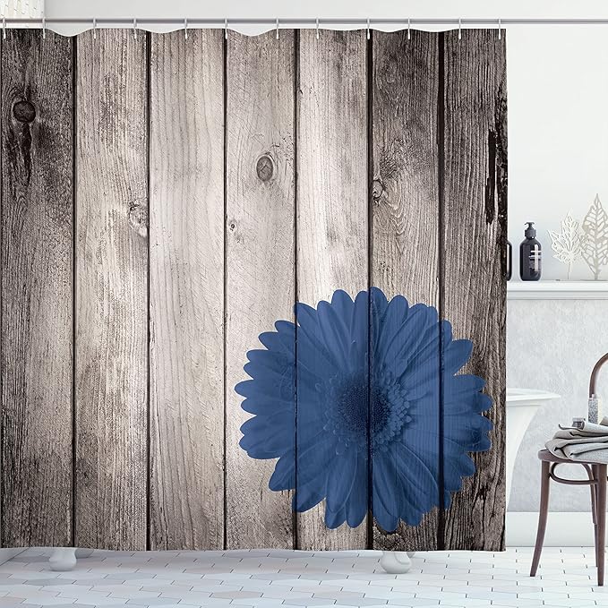 Ambesonne Rustic Shower Curtain, Flower Red Dahlia on Foreground of Murky Featured Dated Wooden Board Retro Art Print, Cloth Fabric Bathroom Decor Set with Hooks, 69" W x 84" L, Royal Blue