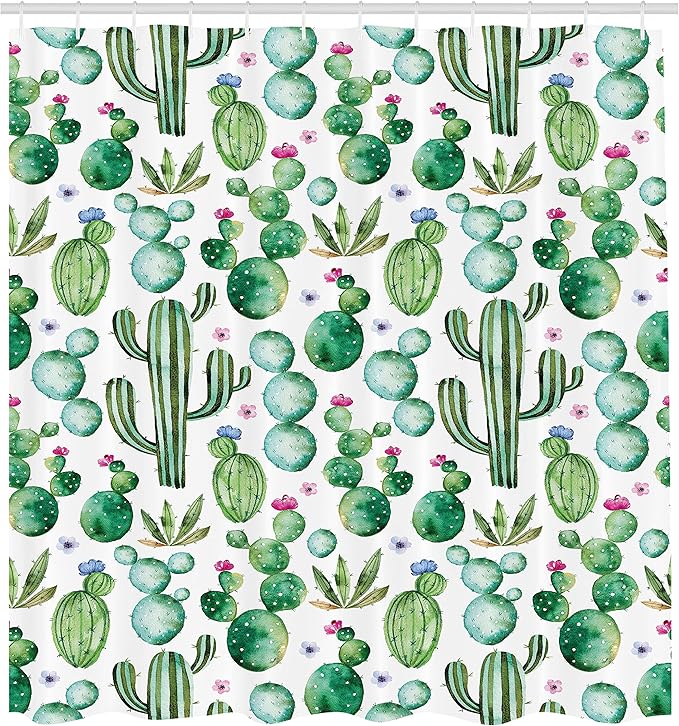 Ambesonne Green Shower Curtain, Mexican Texas Cactus Plants Spikes Cartoon Like Print, Cloth Fabric Bathroom Decor Set with Hooks, 69" W x 75" L, Lime Green Pale Pink