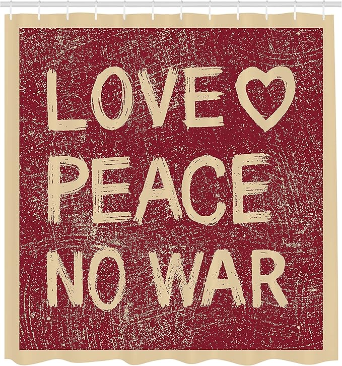 Ambesonne 1960s Shower Curtain, Love Peace Themed Text Pacifist Line Political Hippie Groovy Design, Cloth Fabric Bathroom Decor Set with Hooks, 69" W x 70" L, Redwood Pale Brown