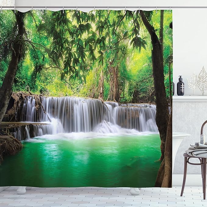 Ambesonne Waterfall Shower Curtain, Waterfall in Tropical Forest Trees Thailand Kanjanaburi Sunny Day Image, Cloth Fabric Bathroom Decor Set with Hooks, 69" W x 70" L, Green Brown