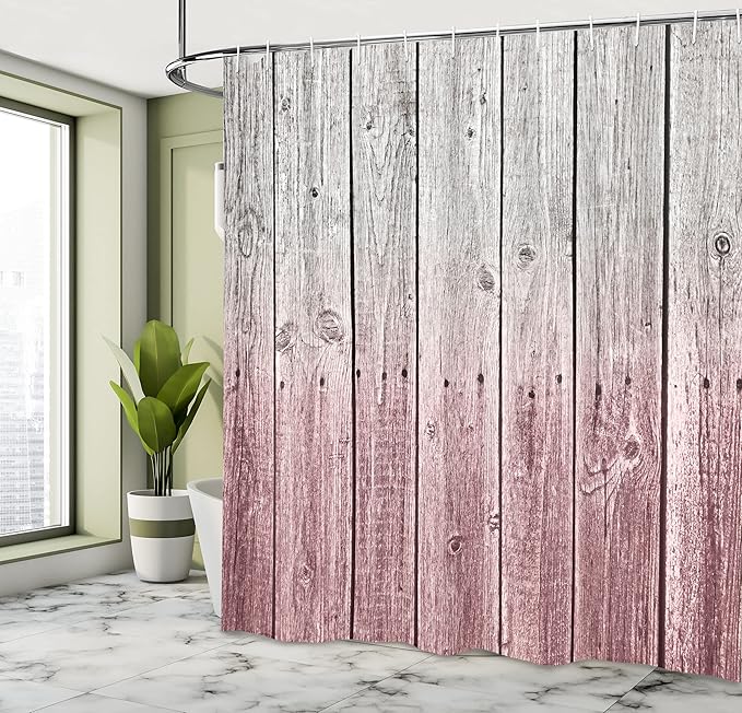 Ambesonne Rustic Shower Curtain, Wood Panels Background Digital Tones Effect Country House Art Image, Cloth Fabric Bathroom Decor Set with Hooks, 69" W x 70" L, Dried Rose Raspberry