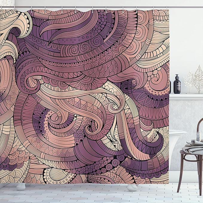 Ambesonne Abstract Shower Curtain, Ocean Inspired Graphic Paisley Pattern Swirled Hand Drawn Artwork Print, Cloth Fabric Bathroom Decor Set with Hooks, 69" W x 84" L, Eggplant Peach