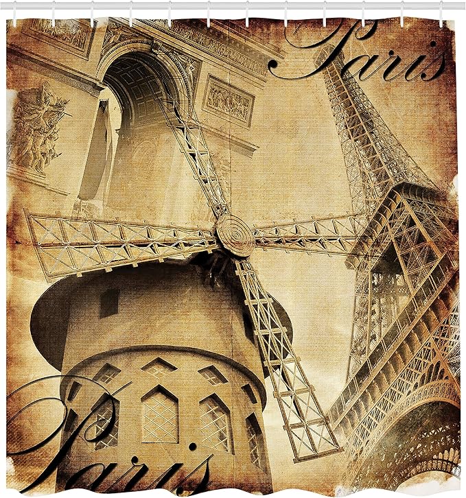 Ambesonne Eiffel Tower Shower Curtain, Parisian Architecture Monument Vacation Tourist Destination Vintage Style Art, Cloth Fabric Bathroom Decor Set with Hooks, 69" W x 70" L, Pale Brown