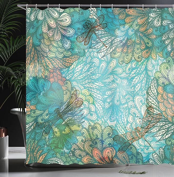 Ambesonne Dragonfly Shower Curtain, Fantasy Flowers Mixed in Various Tones Shabby Form Feminine Beauty Print, Cloth Fabric Bathroom Decor Set with Hooks, 69" W x 70" L, Turquoise Amber