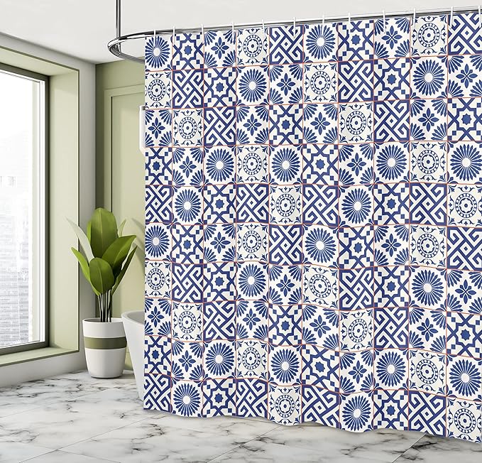 Ambesonne Moroccan Shower Curtain, Old Ottoman Style Inspired Mix of Moroccan Tiles in Modern Shades Art Print, Cloth Fabric Bathroom Decor Set with Hooks, 69" W x 84" L, Grey Blue
